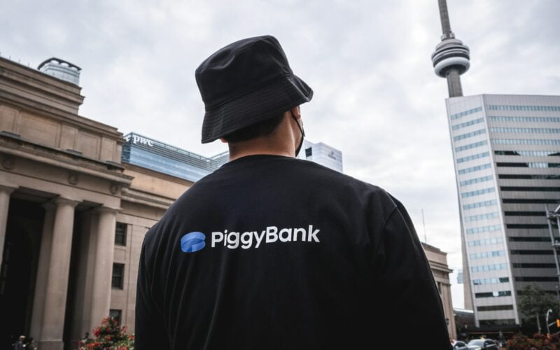a man wearing a piggy bank shirt and a hat