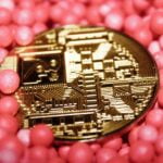 a close up of a coin surrounded by pink balls