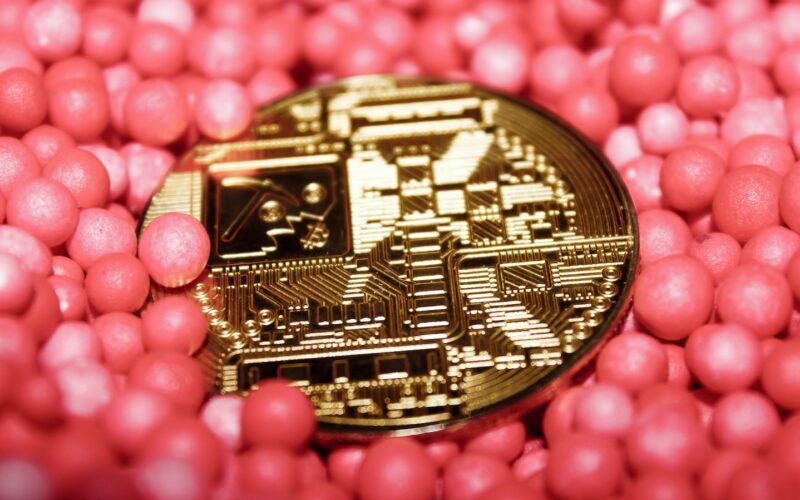 a close up of a coin surrounded by pink balls